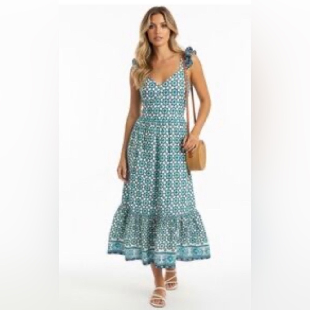 Lucky Brand Floral Tie-Shoulder Midi Dress in Teal